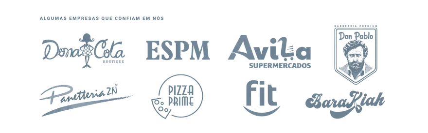 Logos de clientes: Dona Cota Boutique, ESPM, Avila Supermercados, Don Pablo, Panetteria ZN, Pizza Prime, Fit, BaraKiah